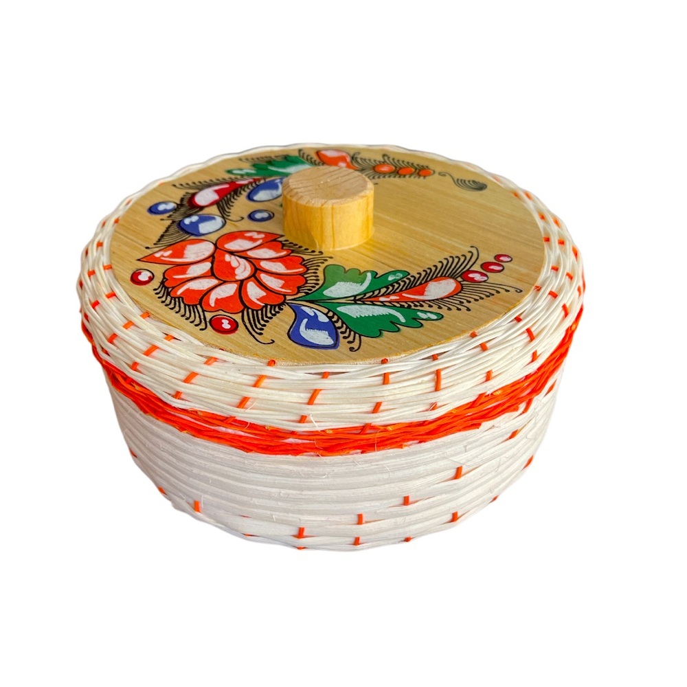 NEW Large Beautiful Hand painted Colorful Floral Tortillero Mimbre & Wooden Lid